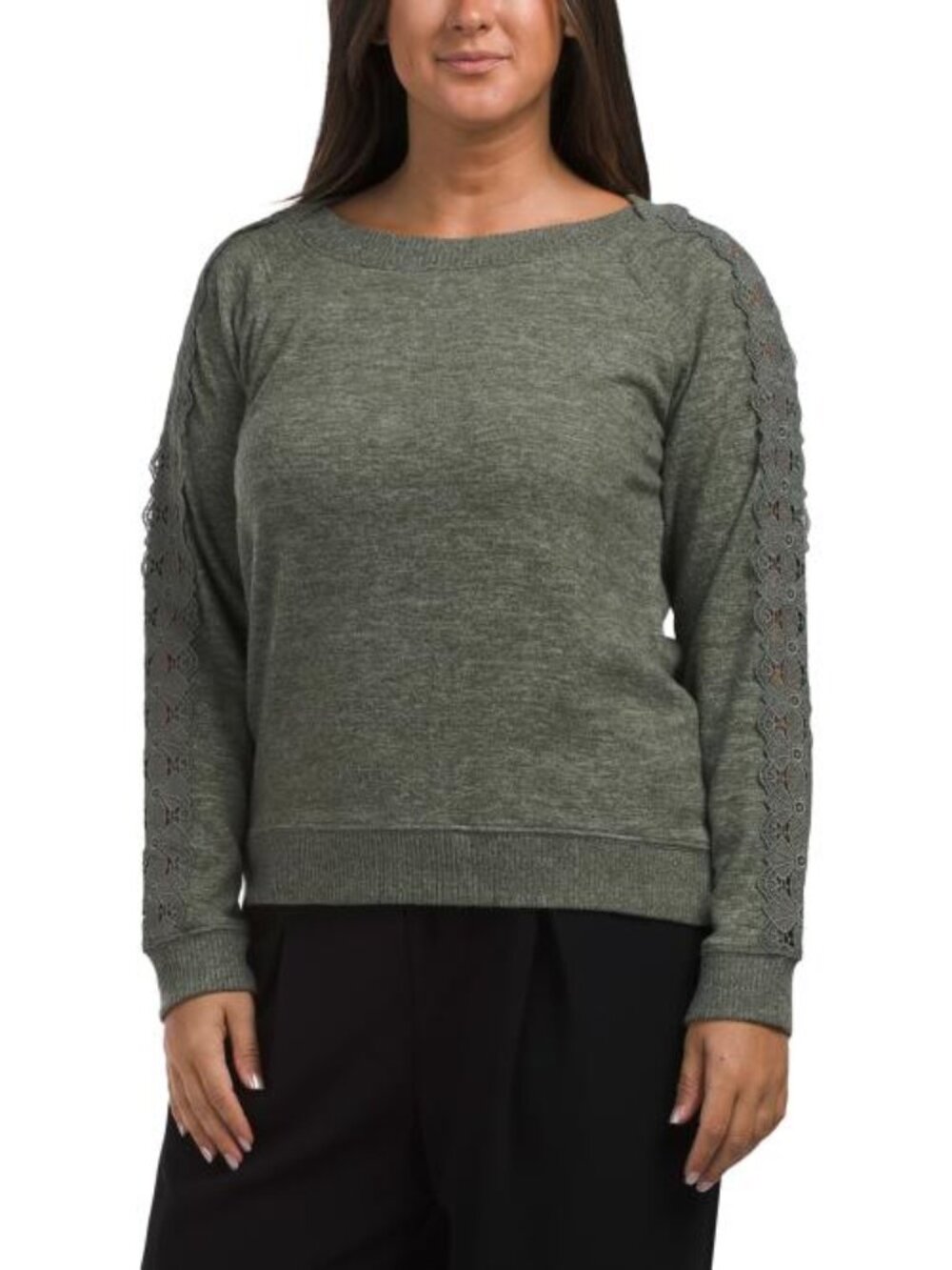 DEMOCRACY Long Sleeve Boat Neck Top With Lace Inset